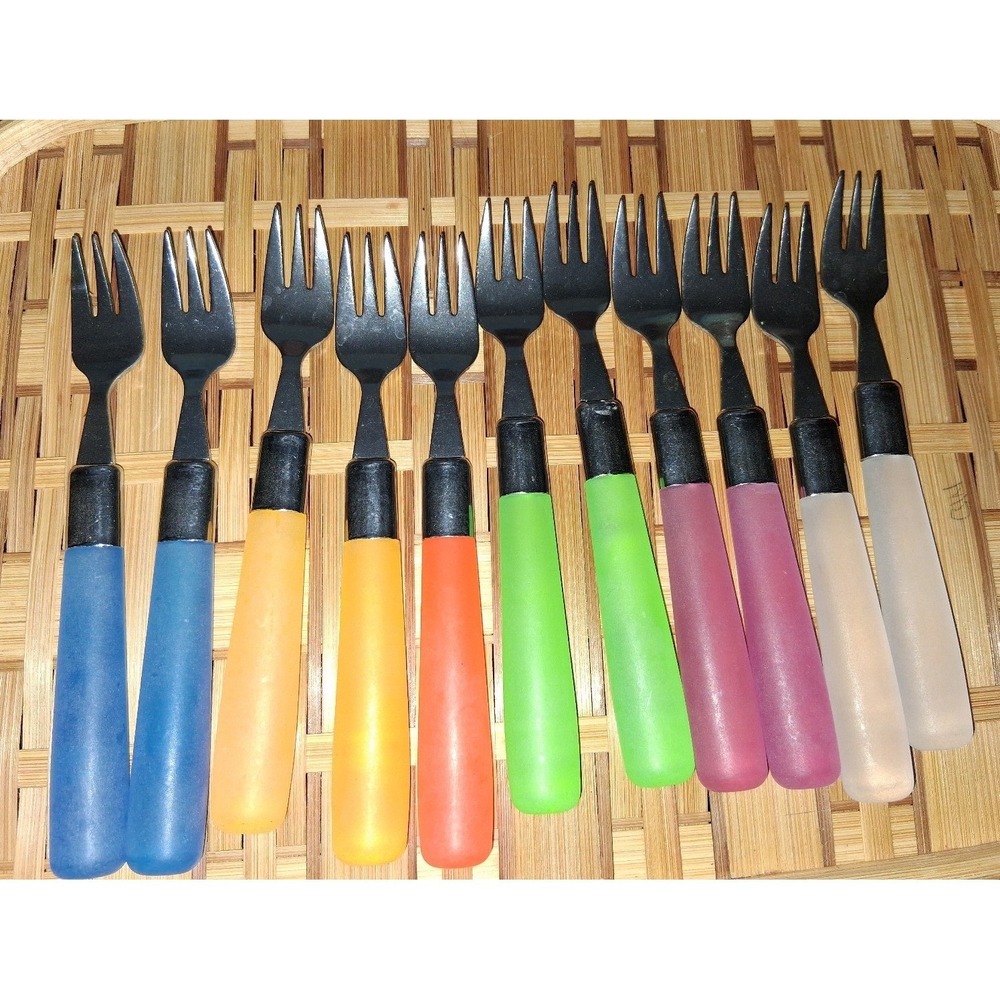 Vintage MCM Lucite Style Handle Cocktail Seafood Forks Set of 11 Rainbow Stainle